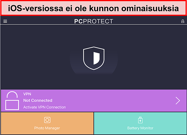 Kuvakaappaus PC Protectin iOS -sovelluksesta, josta puuttuu todellisia ominaisuuksia.