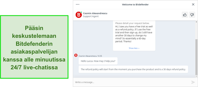 Näyttökuva suorasta keskustelusta Bitdefender-tukiagentin kanssa.