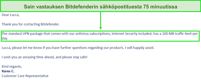 Näyttökuva Bitdefenderin tukisähköpostista.