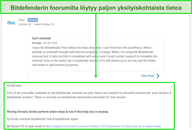 Kuvakaappaus ketjusta Bitdefenderin yhteisöfoorumista.