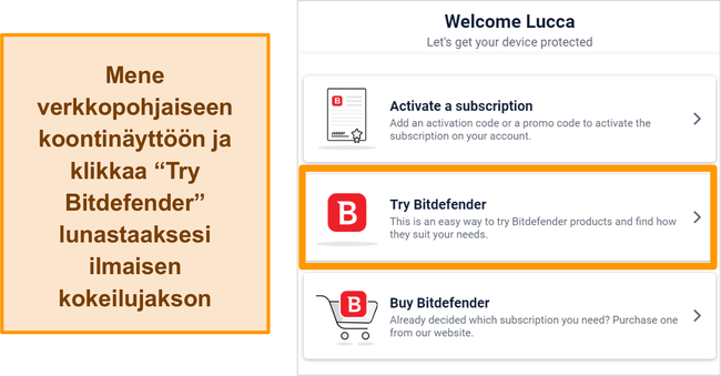 Näyttökuva siitä, kuinka aloittaa kokeiluversio Bitdefenderille sen Bitdefender Central -verkkopaneelista.