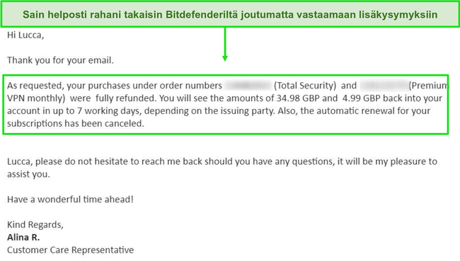 Näyttökuva onnistuneesta hyvityspyynnöstä Bitdefender-tukiagentilta.