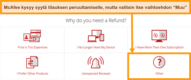 Näyttökuva McAfee-asiakastukesta, joka pyytää syytä hyvityspyyntöön