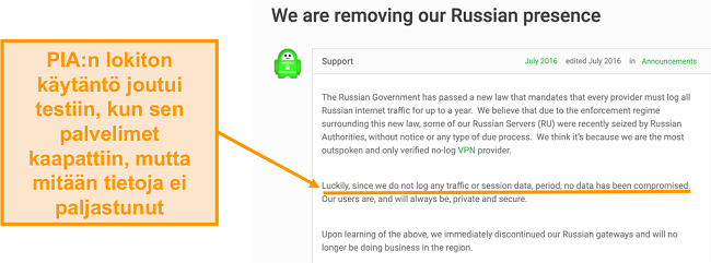 Näyttökuva Private Internet Access VPN:n verkkosivustosta, jossa on blogikirjoitus, jossa kuvataan PIA:n venäjältä vetäytymisen syy
