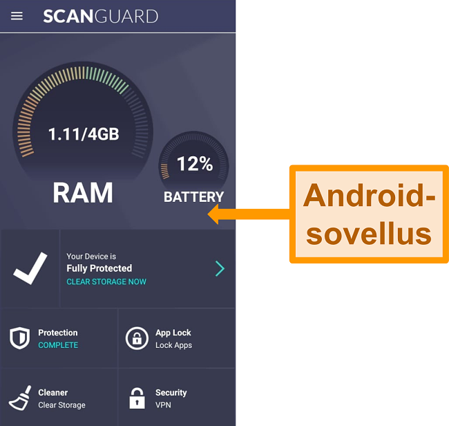 Kuvakaappaus Scanguardin Android -sovellusliittymästä.
