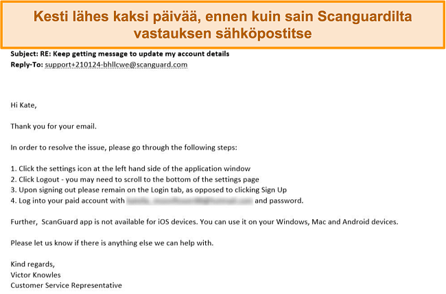 Kuvakaappaus Scanguugin asiakastuen sähköpostivastauksesta.