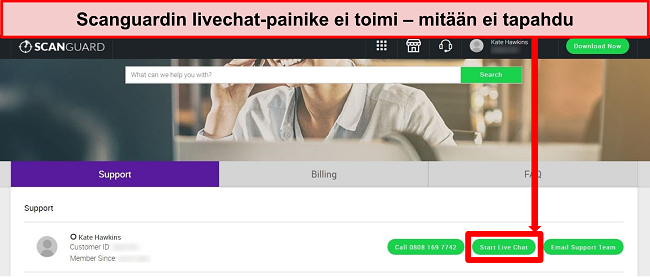 Kuvakaappaus Scanguardin tukisivustosta, jossa Live Chat -painike on korostettuna.