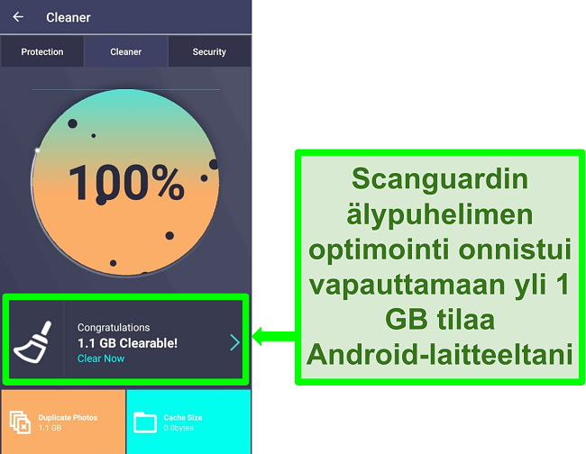 Kuvakaappaus Scanguardin Cleaner -ominaisuudesta Androidissa, joka poistaa yli 1 Gt päällekkäisiä valokuvia.