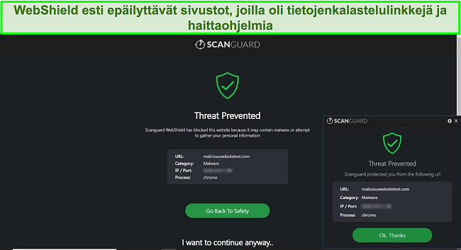 Kuvakaappaus Scanguardin WebShield -ominaisuudesta, joka estää pääsyn haittaohjelmatestisivustoon.