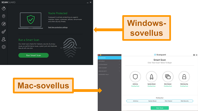 Kuvakaappauksia Scanguardin Windows- ja Mac -käyttöliittymistä.