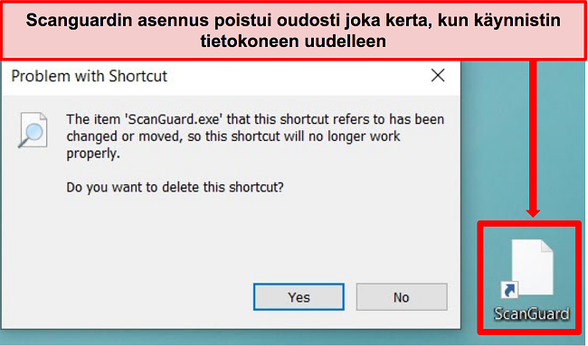 Kuvakaappaus Scanguardin rikkoutuneesta pikakuvakkeesta Windows -tietokoneessa.