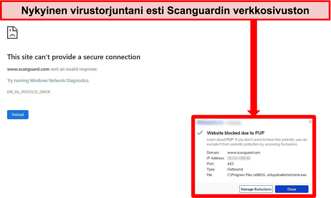 Kuvakaappaus virustentorjunnasta, joka estää Scanguardin verkkosivuston PUP: n vuoksi.