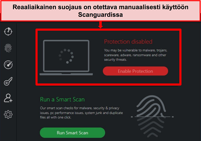 Kuvakaappaus Scanguardin virustentorjuntasovelluksesta, jossa reaaliaikainen suojaus on poistettu käytöstä.