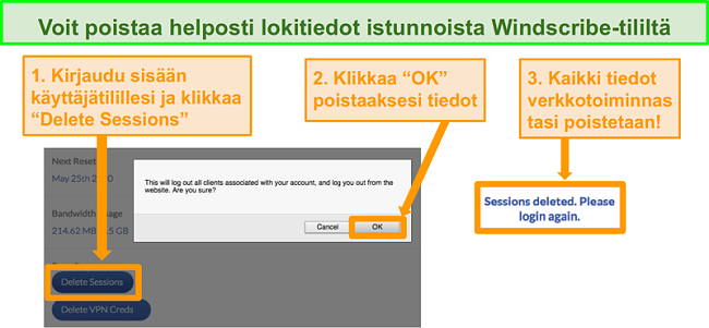 Näyttökuva mahdollisuudesta poistaa tietoja Windscribe-tililtä