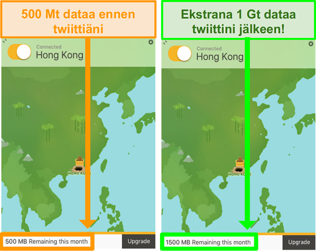 Näyttökuva TunnelBear antaa 1GB lisätietoja ilmaiseksi kimittää promo