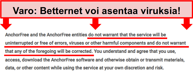 Näyttökuva Betternetin termeistä, jotka eivät takaa suojaa haittaohjelmilta