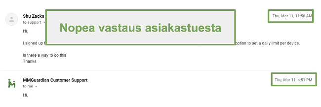 Näyttökuva asiakastuen nopeasta vastauksesta