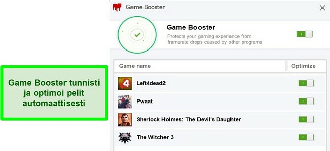 Screenshot of BullGuard's Game Booster feature with list of automatically optimized games