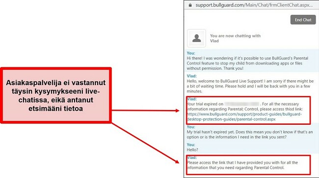 Näyttökuva BullGuardin live-chat-tuesta.