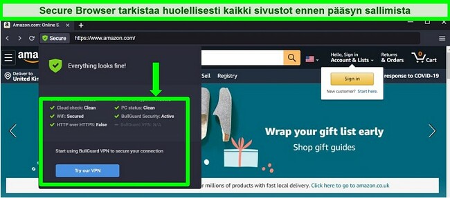 Näyttökuva BullGuardin suojatusta selaimesta, joka näyttää kaikki turvatarkastukset.