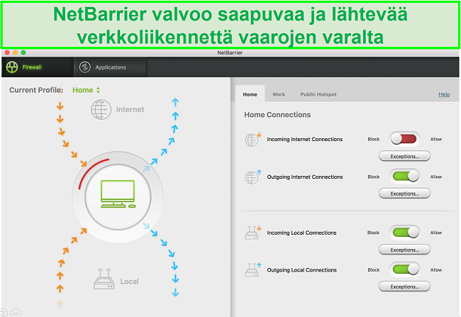 Näyttökuva Intego NetBarrier -käyttöliittymästä, joka suojaa saapuvaa ja lähtevää verkkoliikennettä