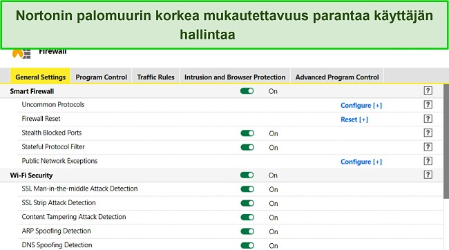 Näyttökaappaus Nortonin palomuuriasetuksista, joissa näkyy korkea muokattavuus.
