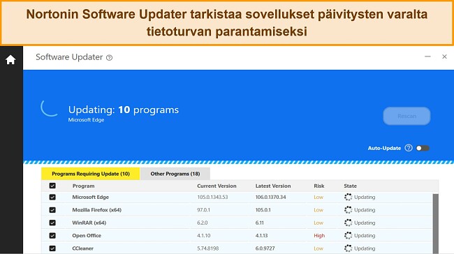 Näyttökaappaus Nortonin Software Updater -sovelluksesta, joka päivittää 10 ohjelmaa suojatakseen sovellusten haavoittuvuuksia.