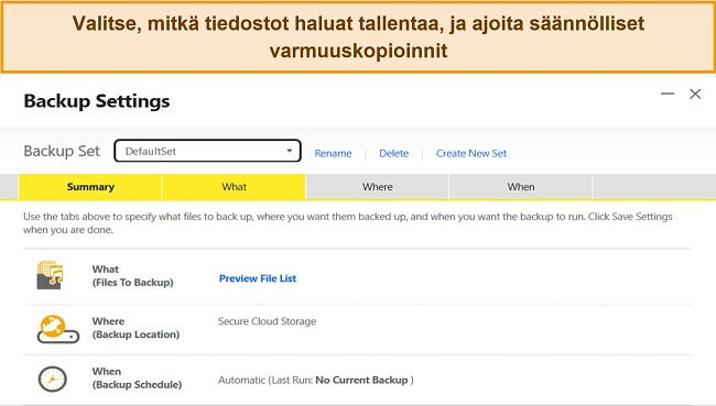Kuvakaappaus Nortonin varmuuskopiointiasetuksista Windowsissa.