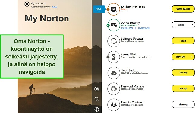 Kuvakaappaus Nortonin My Norton -hallintapaneelin käyttöliittymästä Windowsissa.