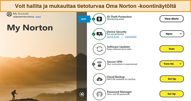 Kuvakaappaus My Norton -hallintapaneelin käyttöliittymästä Windowsissa.