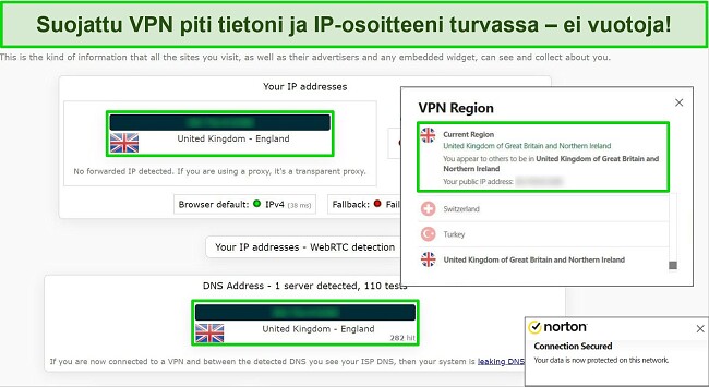 Näyttökaappaus Nortonin Secure VPN:stä, joka on yhdistetty Yhdistyneen kuningaskunnan palvelimeen, ja IP-vuototestin tulokset osoittavat, ettei tietovuotoja ole.