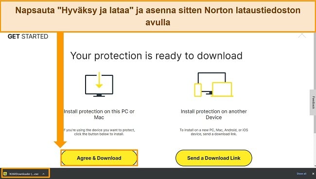 Näyttökaappaus Agree & Download Norton -verkkosivusta, jossa korostetaan asennustiedosto.