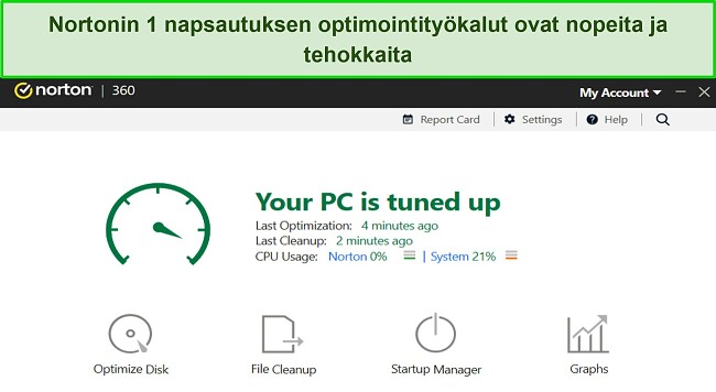 Kuvakaappaus Nortonin optimointityökaluista.