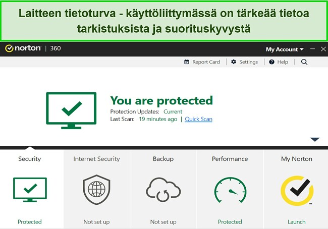 Näyttökaappaus Nortonin Device Security -hallintapaneelista Windowsille.