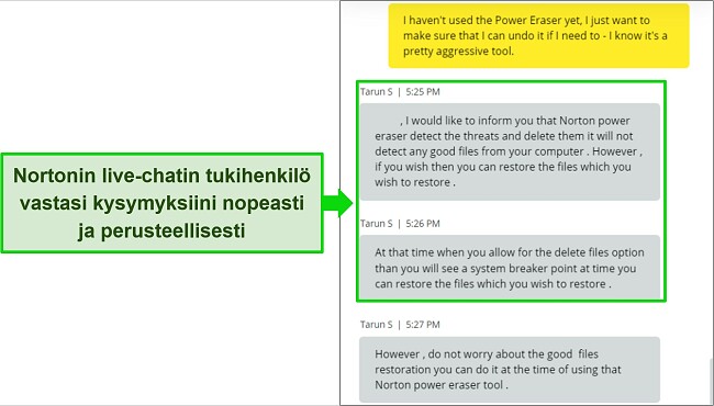 Kuvakaappaus Nortonin live-chat-agentista vastaamassa kysymykseen Power Eraser -työkalusta.