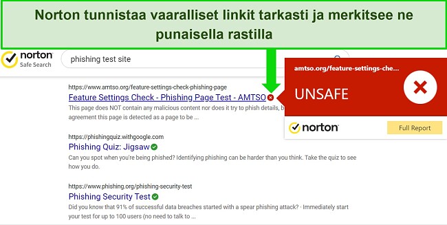 Näyttökaappaus Nortonin Safe Search -selainlaajennuksesta, joka havaitsee tarkasti turvalliset ja vaaralliset URL-osoitteet