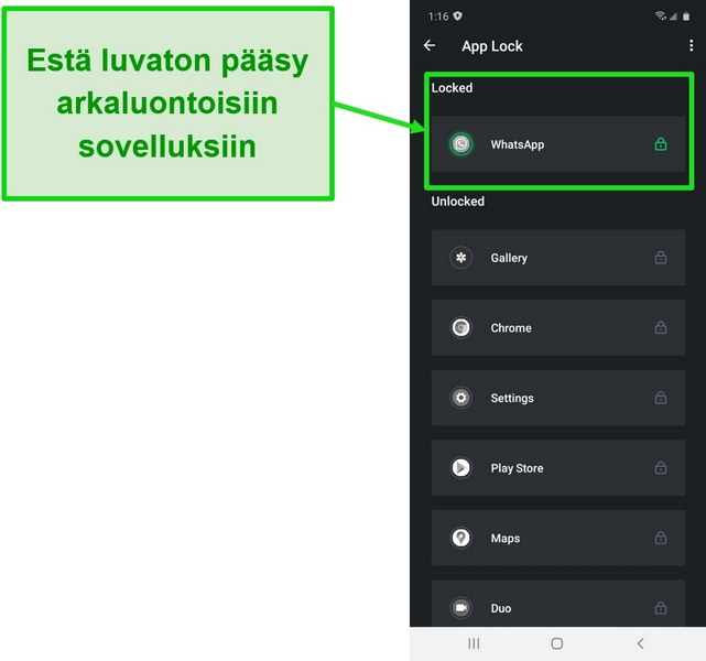 Näyttökuva, joka näyttää App Lock -ominaisuuden TotalAV: n Android-sovelluksessa