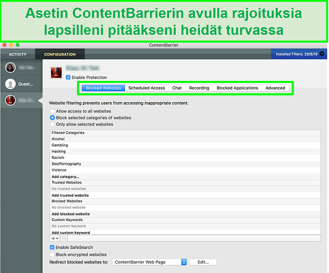 kuvakaappaus ContentBarrier-käyttöliittymästä, joka näyttää erilaiset lapsilukkoasetukset
