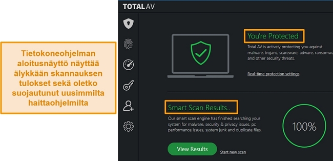 Näyttökuva, joka näyttää TotalAV: n sovelluksen kotisivun Windowsissa