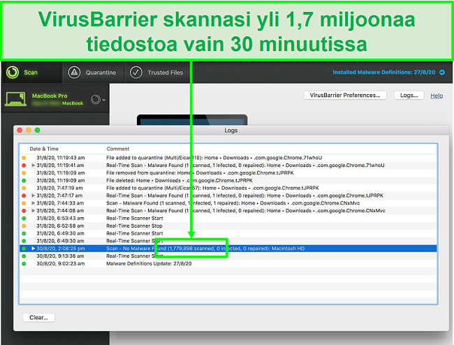 Näyttökuva Integon virustarkistuslokista, joka osoittaa, että se skannasi 1,7 miljoonaa tiedostoa 30 minuutissa