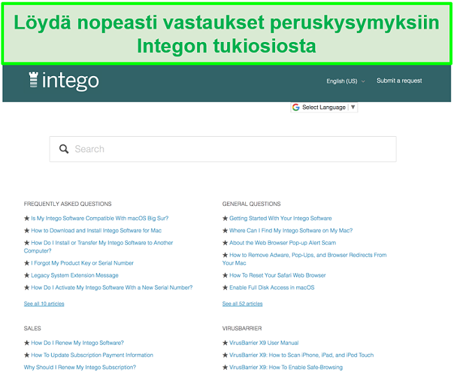 Näyttökuva Integon tietokannasta, joka sisältää yleisiä kysymyksiä ja vastauksia