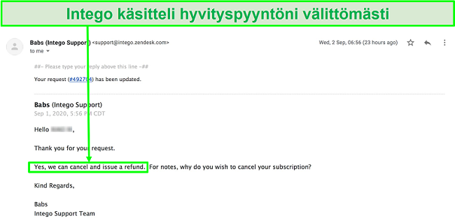Näyttökuva sähköpostikeskustelusta Integon asiakastuen kanssa käsittelen hyvityspyyntöni välittömästi ilman kysymyksiä.
