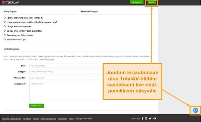 Näyttökuva TotalAV: n live-chat-toiminnosta