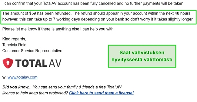 Näyttökuva TotalAV: n hyvitysvahvistussähköpostista