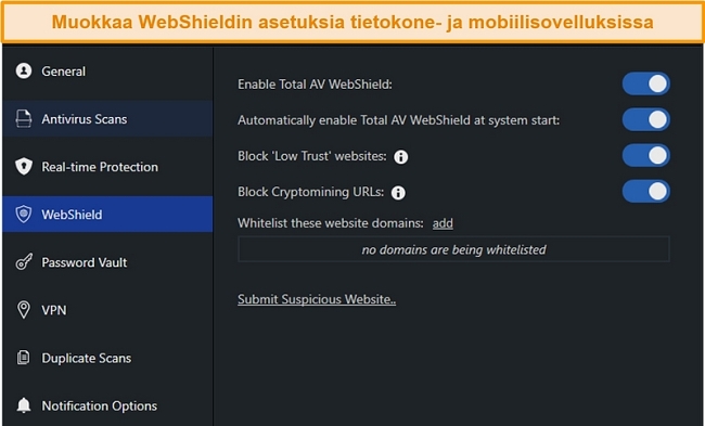 Näyttökuva WebShield-asetuksista TotalAV: n työpöytäsovelluksessa