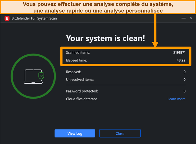 Capture d'écran d'une analyse système Bitdefender terminée.