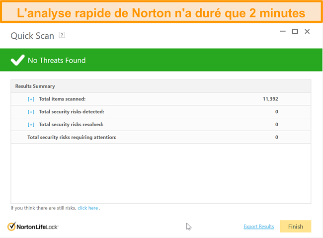 Capture d'écran du résultat de l'analyse rapide de Norton 360