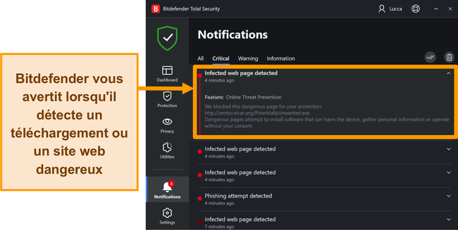 Notifications de menaces de bureau Bitdefender.