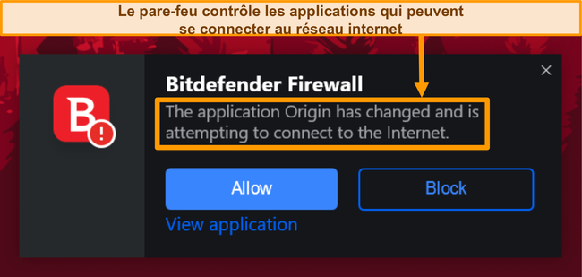 Capture d'écran d'une notification de pare-feu Bitdefender.