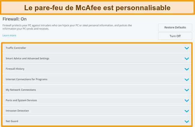 Capture d'écran des fonctionnalités de McAfee Firewall